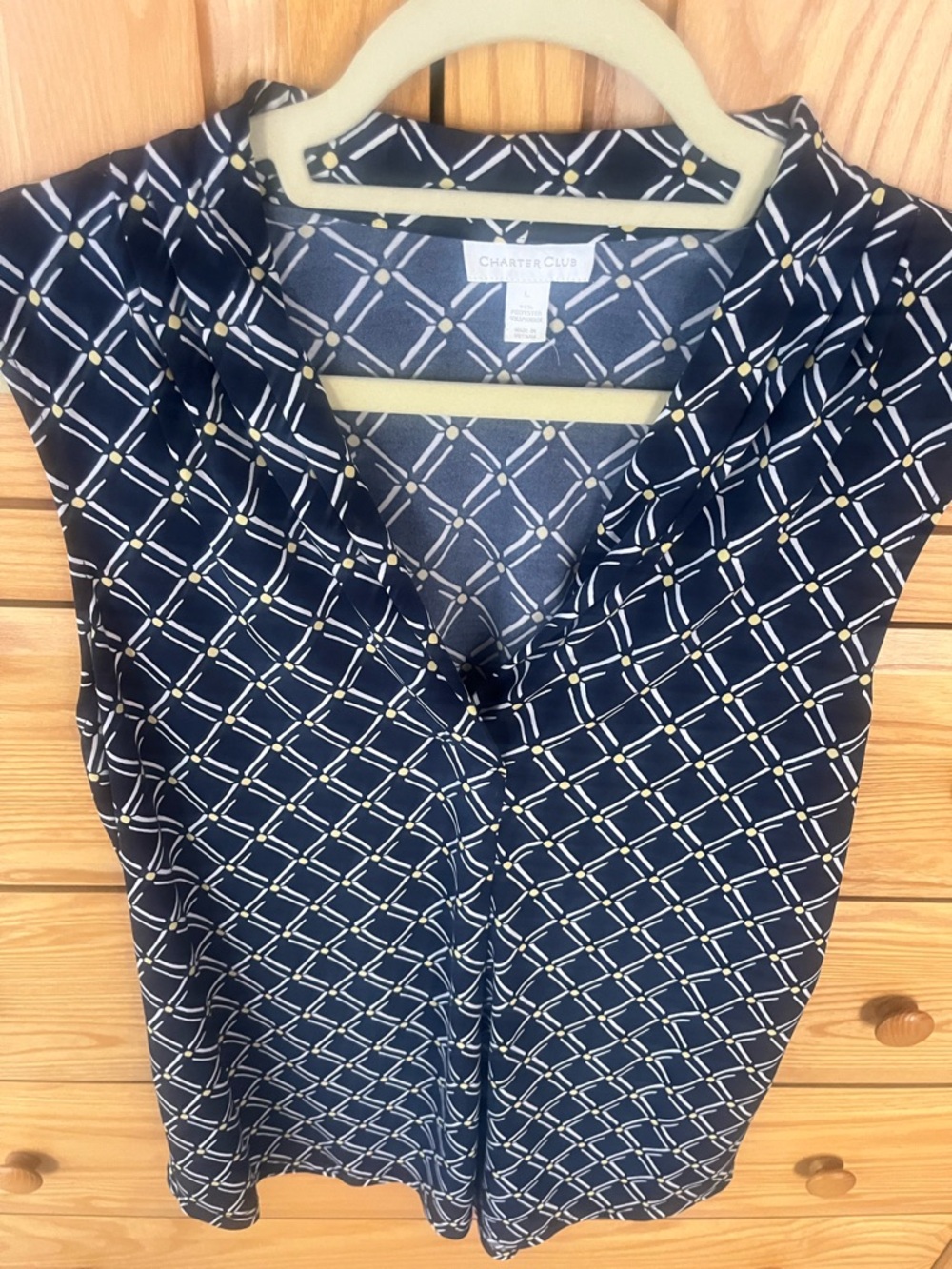 Charter Club Navy Geometric Sleeveless Top with Gold Dot Accents